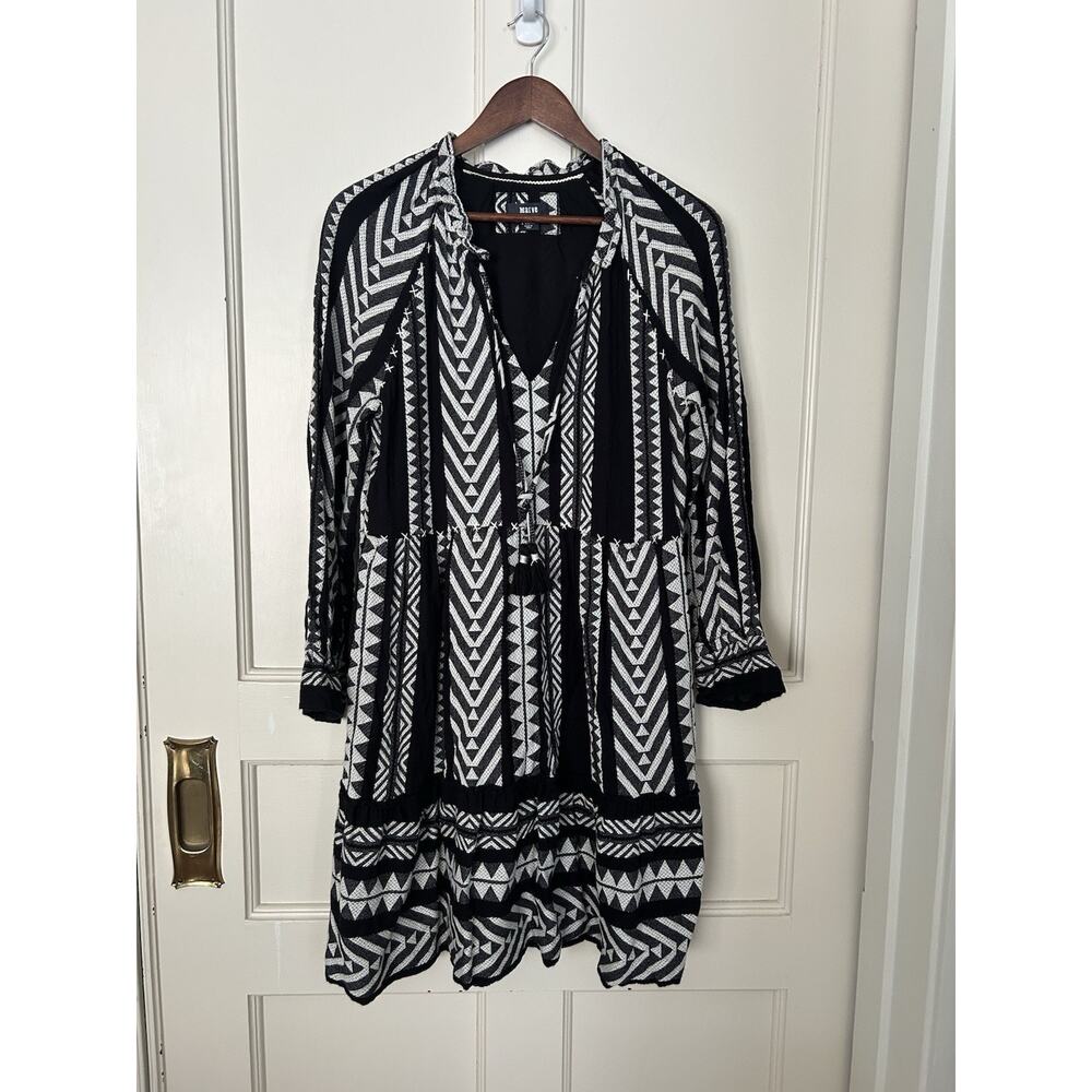 Maeve Geometric Baby Doll Dress Womens Size XS Black White Boho Festival